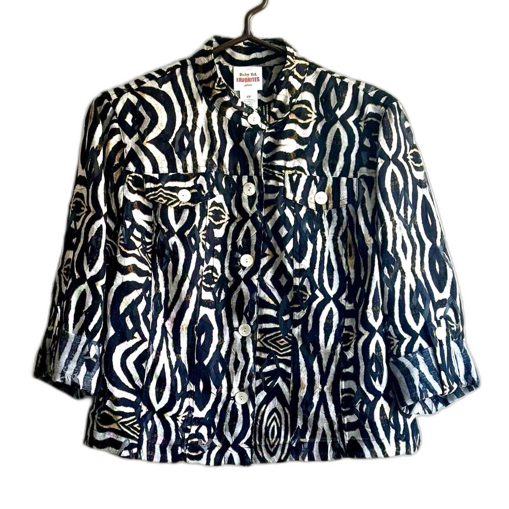 Ruby Rd Animal Print Sheer Burnout Jacket Black White 10P 3/4 Sleeve Adjustable